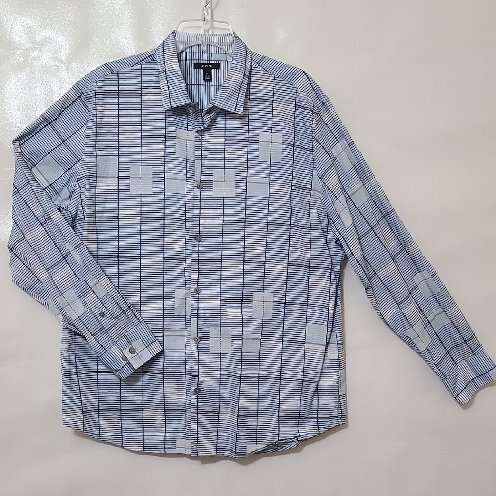Alfani Men's Blue Striped Long Sleeve 100% Cotton Button Up Shirt - Size XL